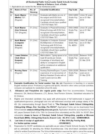 Chhing Chhip Sainic School Staff Nurse Vacancy 2018 Govt jobs