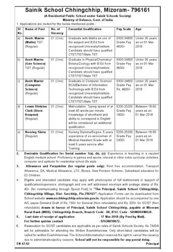 Chhing Chhip Sainic School Staff Nurse Vacancy 2018 Govt jobs